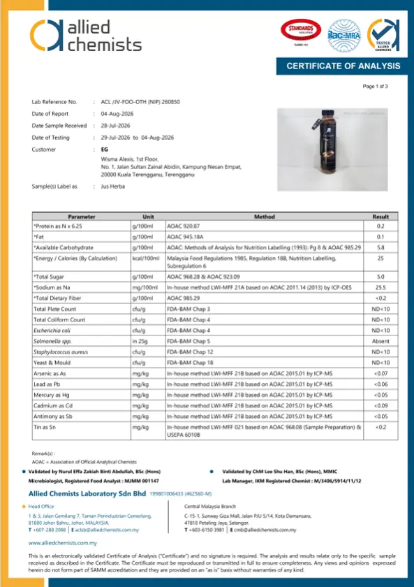 Sijil Lab Test Jus UAI Herbs - Certificate of Analysis